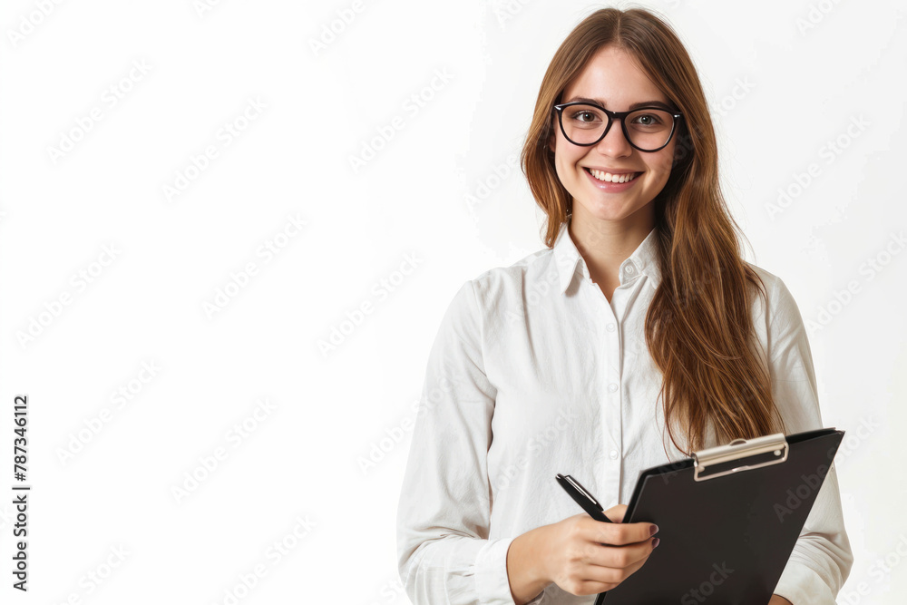 Smiling confident caucasian young businesswoman auditor writing on clipboard, signing contract document isolated in white background . photo on white isolated background