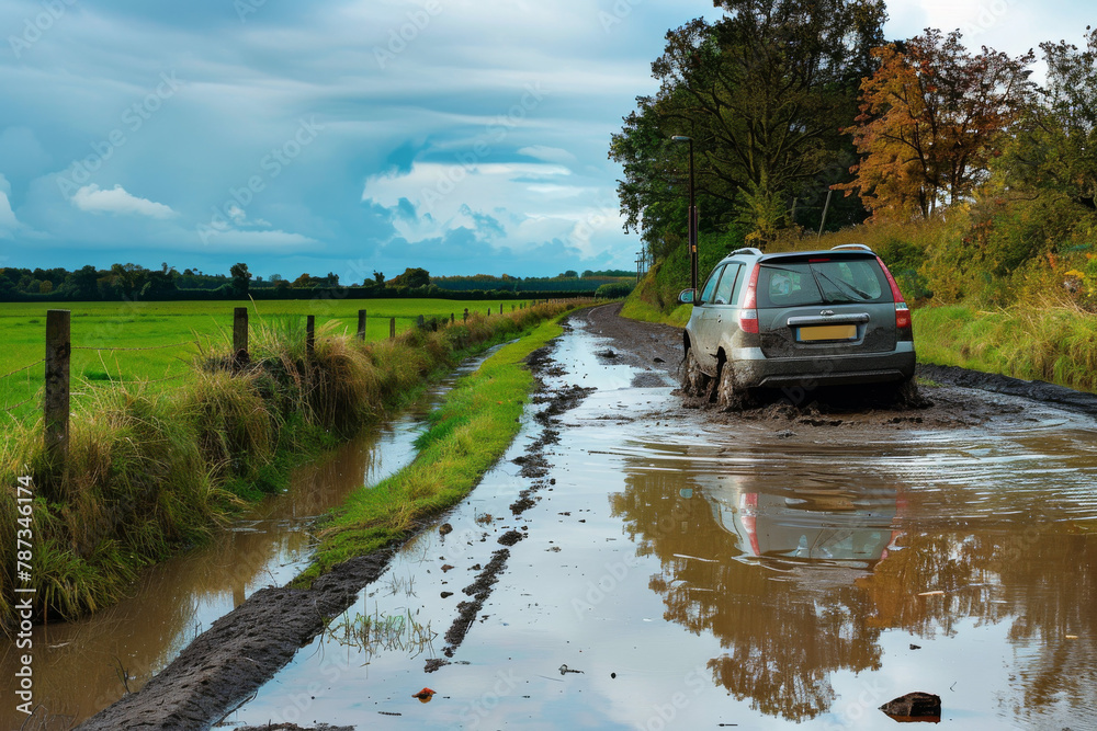 Fototapeta premium Car flood water, countryside, submerged: natural disaster: adversity environmental risk