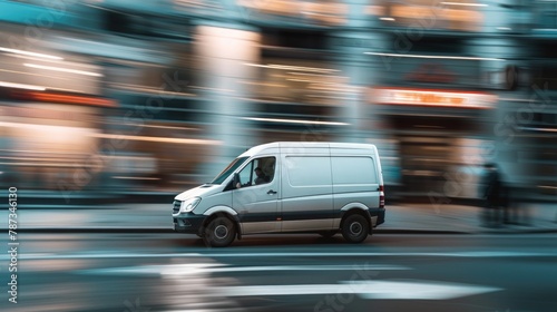 White van moving fast on the street in a modern city. Generate AI image