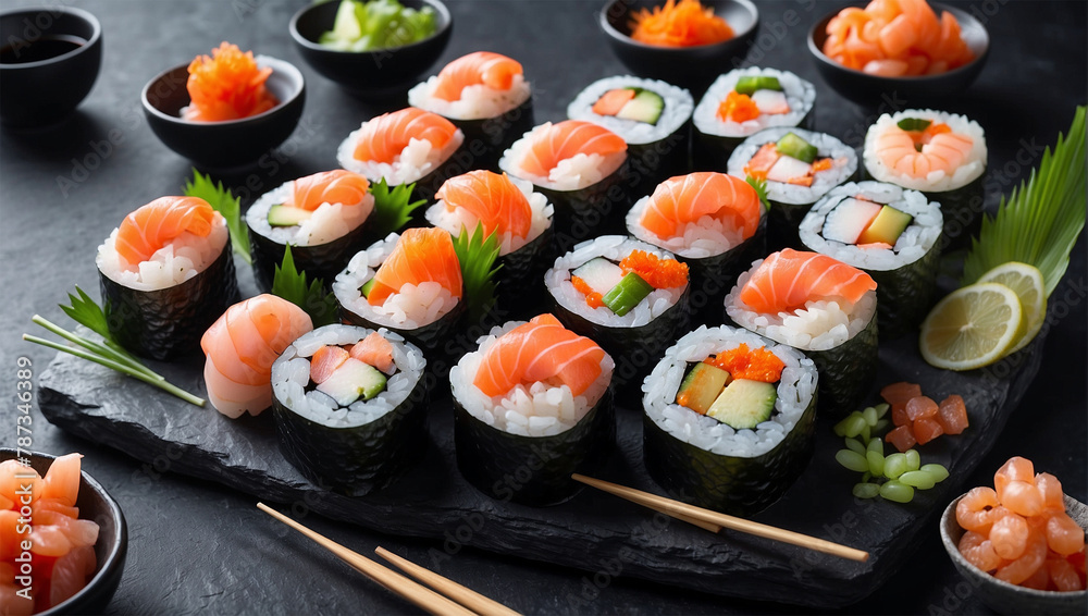 sushi rolls with salmon and shrimp on black table sushi rolls with salmon and shrimp on black table
