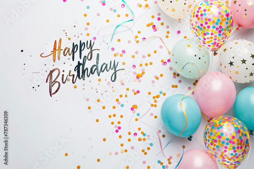 "Happy Birthday" card with ballons, confetti and white background