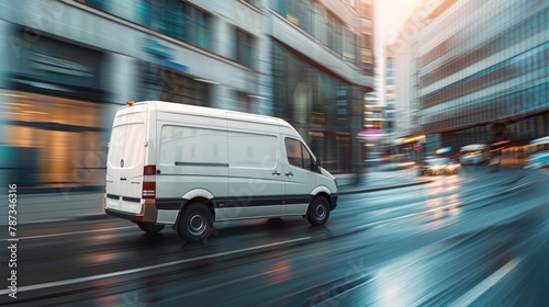 White van moving fast on the street in a modern city. Generate AI image © Ashalina