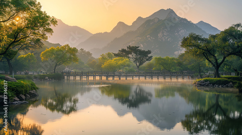 Mount Tai and flowing water, osmanthus trees, the moment of sunset