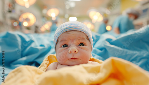 Newborn Caucasian baby in delivery room. Closeup baby face in labor room background. Healthy adorable infant in hospital clinic. Child birth.