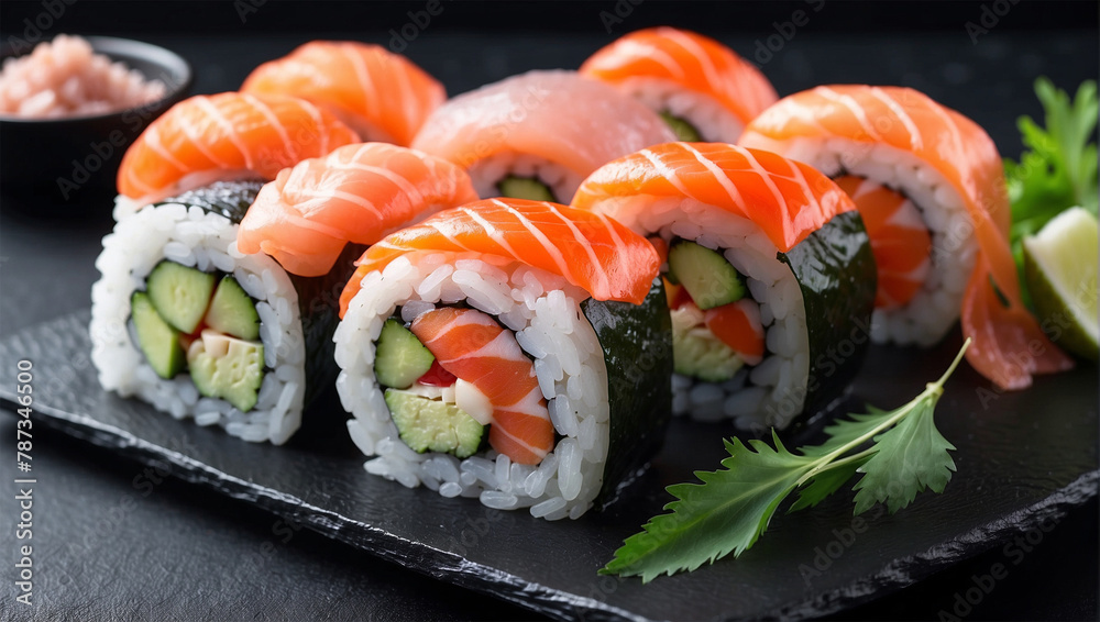 sushi rolls with salmon and shrimp on black table sushi rolls with salmon and shrimp on black table