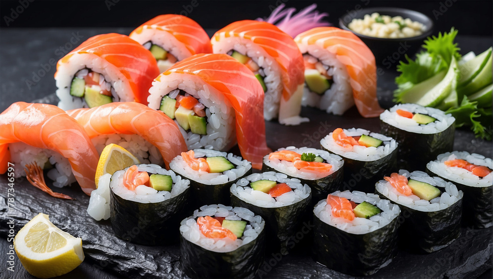 sushi rolls with salmon and shrimp on black table