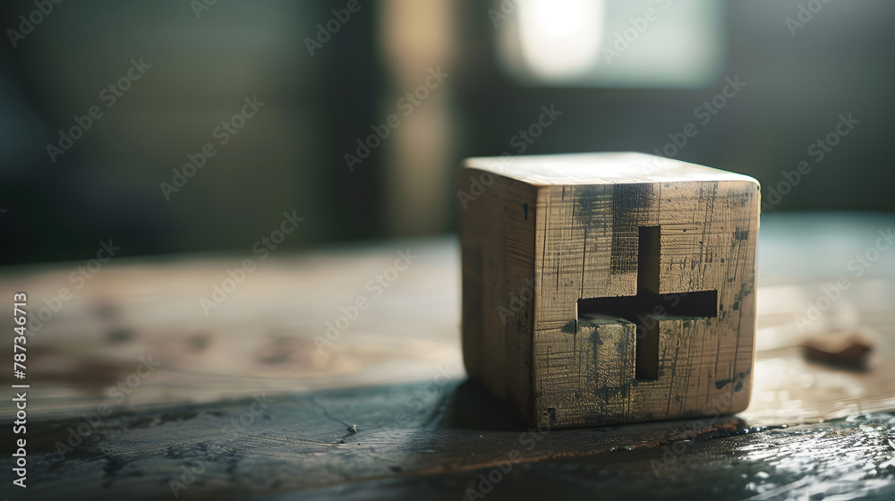 Plus sign in wooden cube block stack added value benefits additional ...