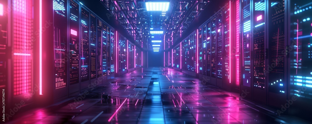 A neon pink and blue computer room with many computers. The room is very bright and colorful. The computers are all lined up in rows, and the walls are covered in neon lights
