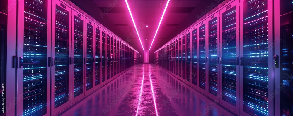 Fototapeta premium A long hallway with many computer servers. The servers are lit up in a neon pink color
