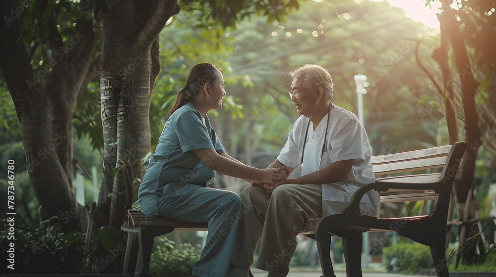 Caring nurse helping senior man sitting on bench in gaden Asian woman caucasian man Holding hands with copy space Web banner frame : Generative AI