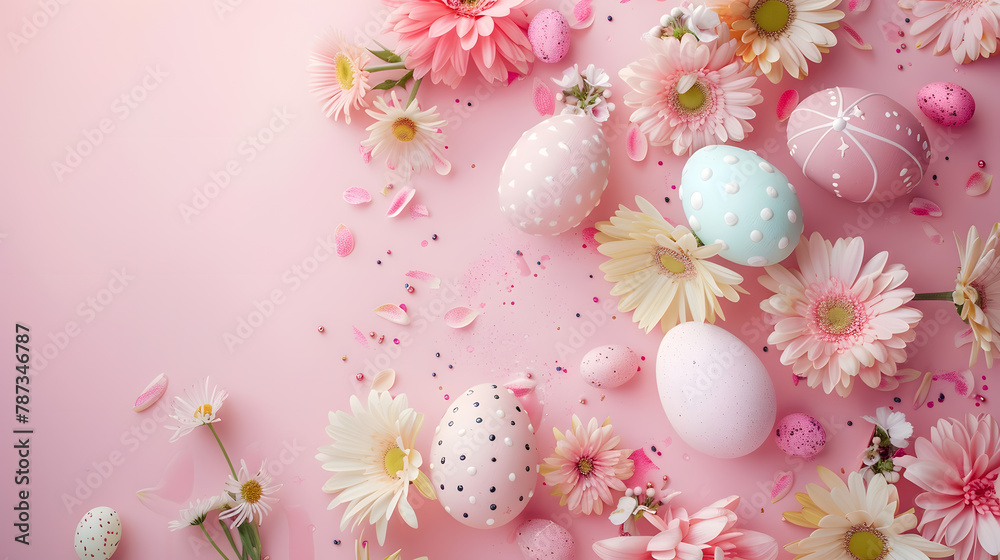 Easter egg shape concept with decorated eggs and flowers on pastel pink background Spring and Easter abstract design Top view copy space : Generative AI