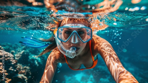 Solitary paradise  woman snorkeling with mask in clear ocean water at secluded island