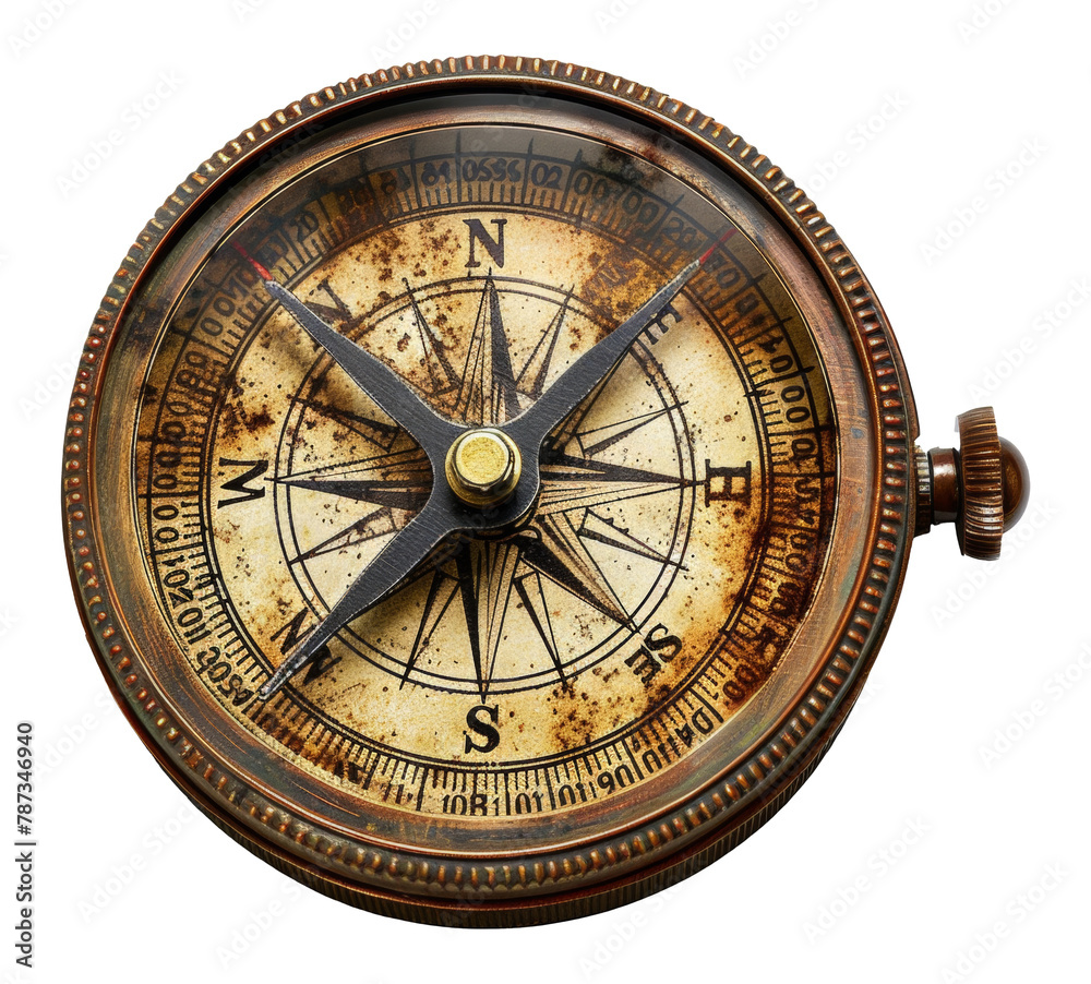 Antique brass compass isolated on transparent background