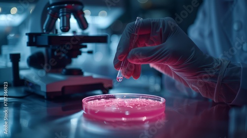 A scientist is holding a pipette and is about to put a drop of liquid into a petri dish