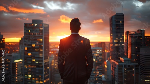 Businessman Contemplating in City at Twilight, Urban Professional Life
