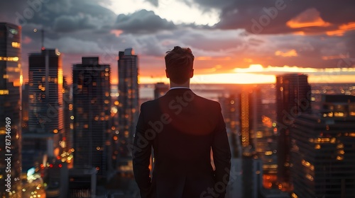 Businessman Contemplating in City at Twilight, Urban Professional Life