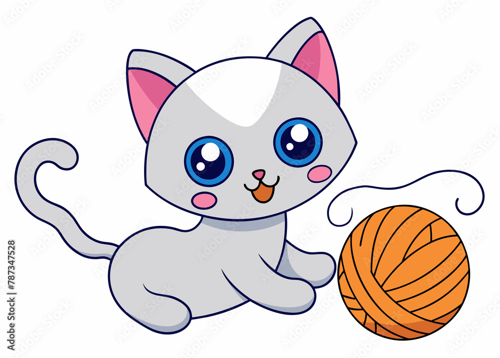 Obraz premium Cute cartoon cat playing with ball of yarn