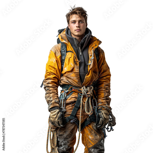 Young climber in rugged gear on a transparent background © Mustafa
