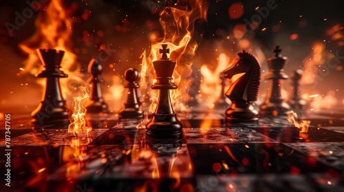 Illustration of chess pieces on fire with particles