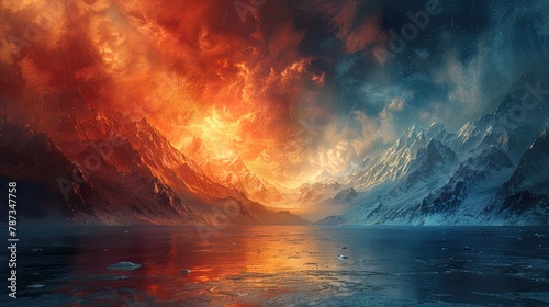 Earth Day in an ice world, where fire and ice coexist, symbolizing climate change awareness