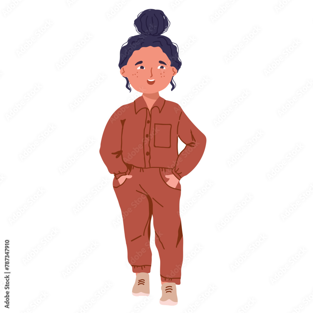 Cute smiling schoolgirl, girl, in fashionable overalls, hands in pockets. Schoolboy, cheerful child wearing a hat, modern clothes, outfit. Flat vector illustration isolated on white background Cute smiling schoolgirl, girl, in fashionable overalls, hands in pockets. Schoolboy, cheerful child wearing a hat, modern clothes, outfit. Flat vector illustration isolated on white background