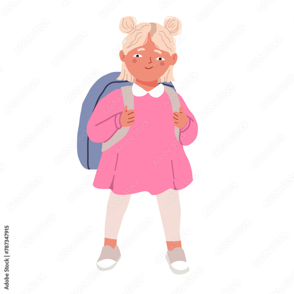 Cute character girl, blonde, full-length in a pink dress. Cute smiling preschool child with backpack. Flat vector illustration on white background Cute character girl, blonde, full-length in a pink dress. Cute smiling preschool child with backpack. Flat vector illustration on white background