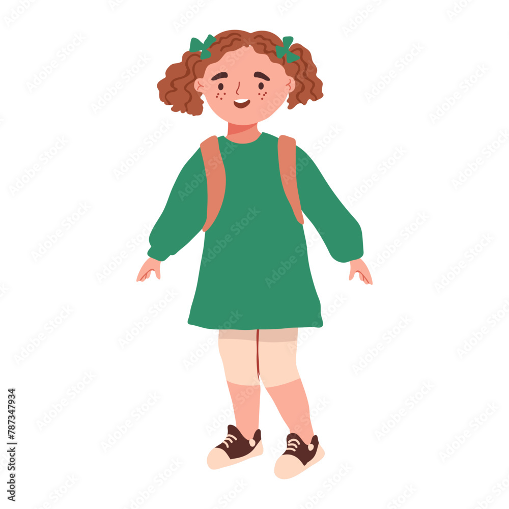 Cute little girl character, facial portrait. Adorable preschooler talking, having a conversation. Cute smiling preschool child with backpack. Flat vector illustration on white background Cute little girl character, facial portrait. Adorable preschooler talking, having a conversation. Cute smiling preschool child with backpack. Flat vector illustration on white background