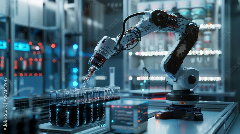 A robot is working in a lab, filling up a container with liquid. The robot is surrounded by various scientific equipment and tools, including a microscope and a beaker - obrazy, fototapety, plakaty 