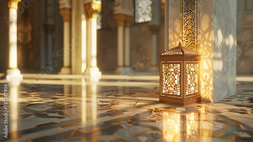 an arabic lamp in a box shape with arabic paterns reflecting on the floor next to a white pillar photo