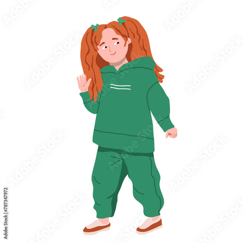 Cute happy preschooler waving, Smiling friendly child, redheaded girl with two ponytails. Flat vector illustration on white background.