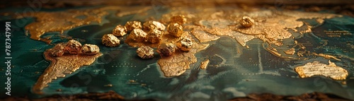 Luxurious gold nuggets over a world map with exchange rate figures, highlighting global trade dynamics