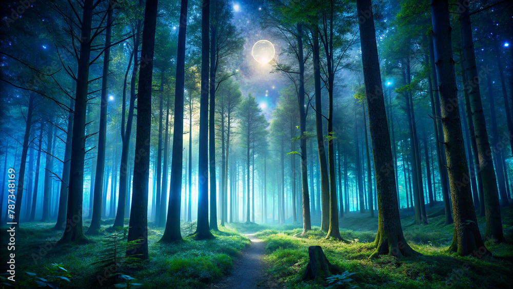 Naklejka premium Glowing orbs and soft blue light emanate from a mystical-looking forest at night or twilight, creating an ethereal, almost otherworldly atmosphere.AI generated.