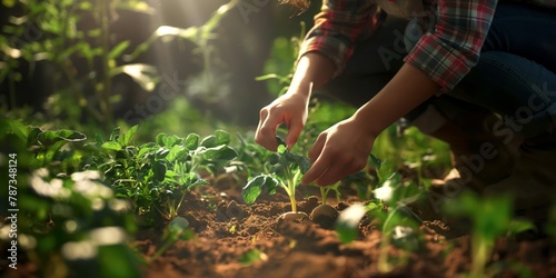 Close-up of hands gently planting a seedling in fertile soil, with warm sunrise lighting