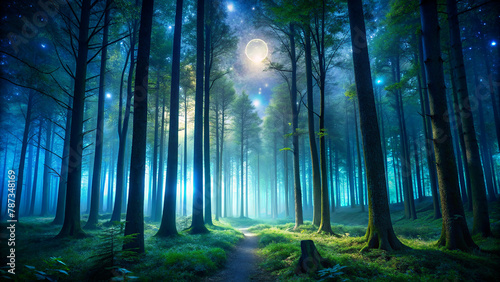 Glowing orbs and soft blue light emanate from a mystical-looking forest at night or twilight, creating an ethereal, almost otherworldly atmosphere.AI generated.