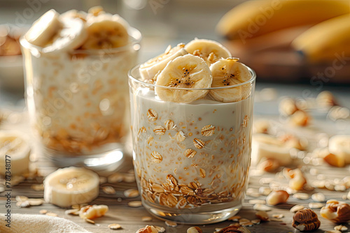 Upgrade your breakfast routine with creamy overnight oats made from rolled oats, almond milk, and sliced bananas.
