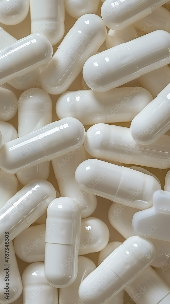 Numerous white capsules are tightly packed, with a detailed close-up revealing their glossy texture and pharmaceutical context.
Numerous white capsules are tightly packed, with a detailed close-up revealing their glossy texture and pharmaceutical context.