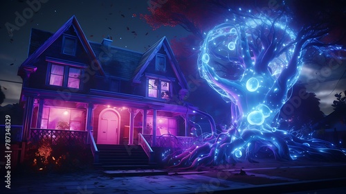 a surreal scene where an AI painter uses invisible ink to hidden messages and patterns on a house's exterior