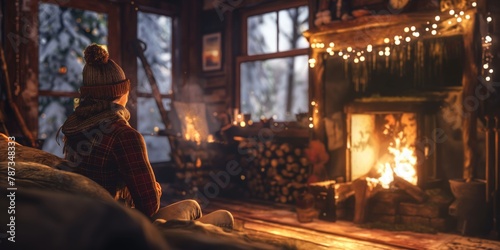 An inviting and cozy cabin interior featuring a warm fireplace and festive lights in a winter setting