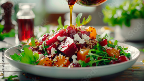 Create a colorful and nutritious salad with roasted beets, quinoa, and crumbled goat cheese, drizzled with a tangy vinaigrette.