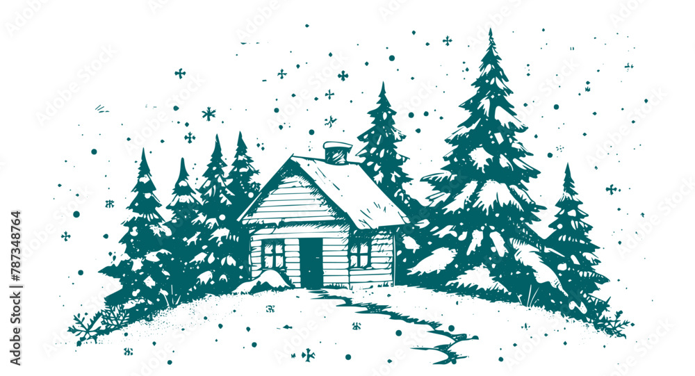 Naklejka premium Christmas home and tree, Sketch, Pictogram Art, Black on white image