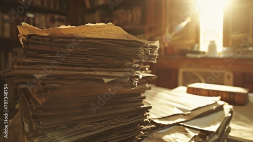 As the afternoon light streams through the small window the historian pores over a pile of dusty documents determined to unearth the hidden gems within. The serene silence of the archive . photo