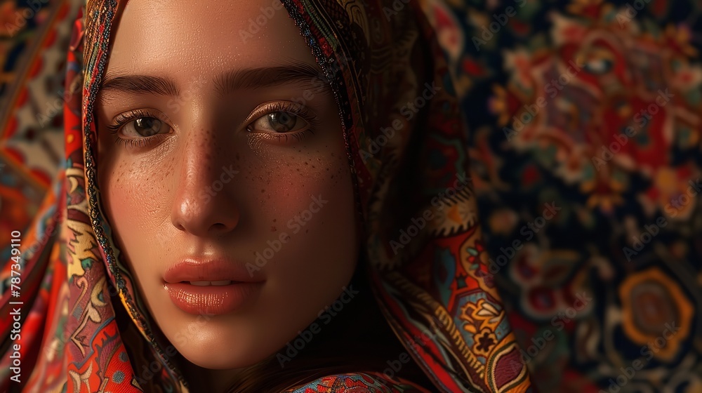 a portrait of a woman with a colorful headscarf against a vibrant patterned backdrop