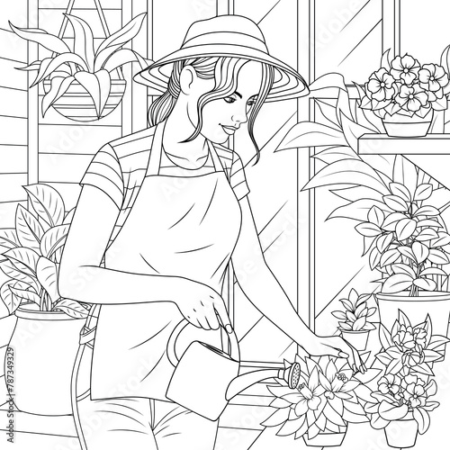 Vector illustration, beautiful girl growing flowers