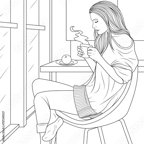 Vector illustration, beautiful girl drinking coffee in the kitchen