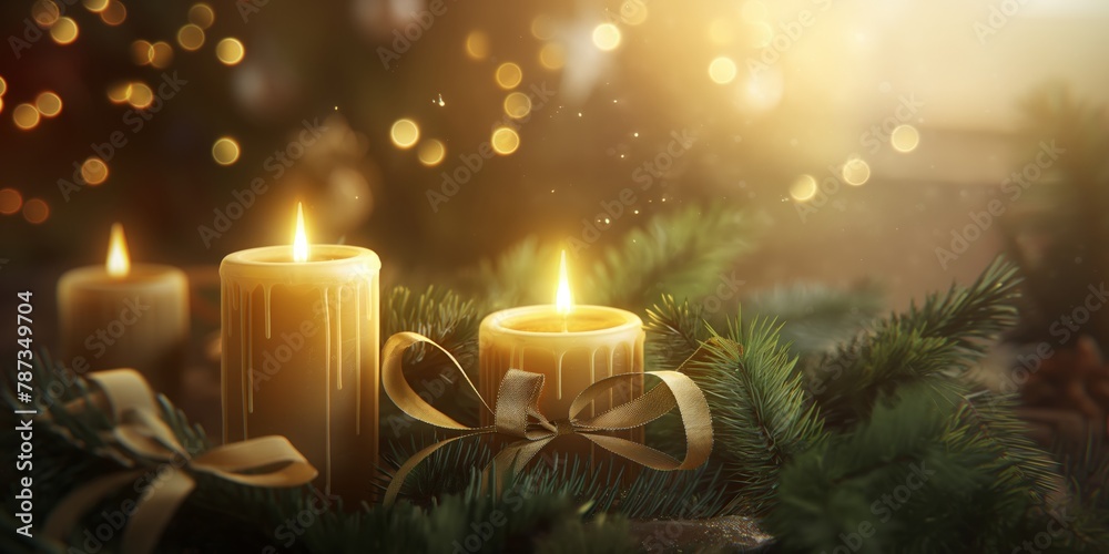 Warm glowing candles surrounded by Christmas decorations and soft lights portray a cozy festive atmosphere