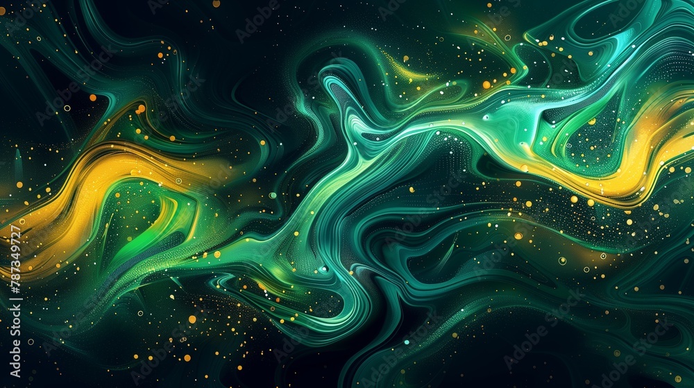 An abstract, glowing green and yellow marble pattern with swirls of light on a dark background. Generated by artificial intelligence. An abstract, glowing green and yellow marble pattern with swirls of light on a dark background. Generated by artificial intelligence.