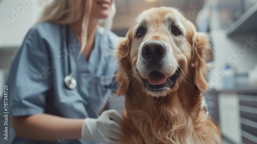 Joyful golden retriever with a veterinarian