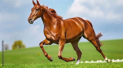Majestic horse displaying energy while galloping freely in a vast open field under the expansive sky