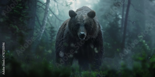 A brown bear stands amidst a fog-laden forest, exuding a sense of strength and wilderness