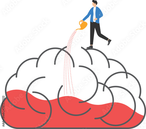 Education, learning and knowledge concept-Businessman fill knowledge into machine to transform them to be knowledge and idea inside the brain. Study and learning concept

